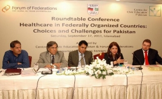 ISLAMABAD: Sep17 - Dr Saba Gul Khattak, Dr Nizam-ud-Din, Dr Mushtaq and Ferdinand Jenrich sitting on the stage during a Roundtable Conference on Healthcare in Federally Organized Countries: Choices and Challenges for Pakistan, organized by Center for Civic Education Pakistan in collaboration with Forum of Federations at a local hotel.